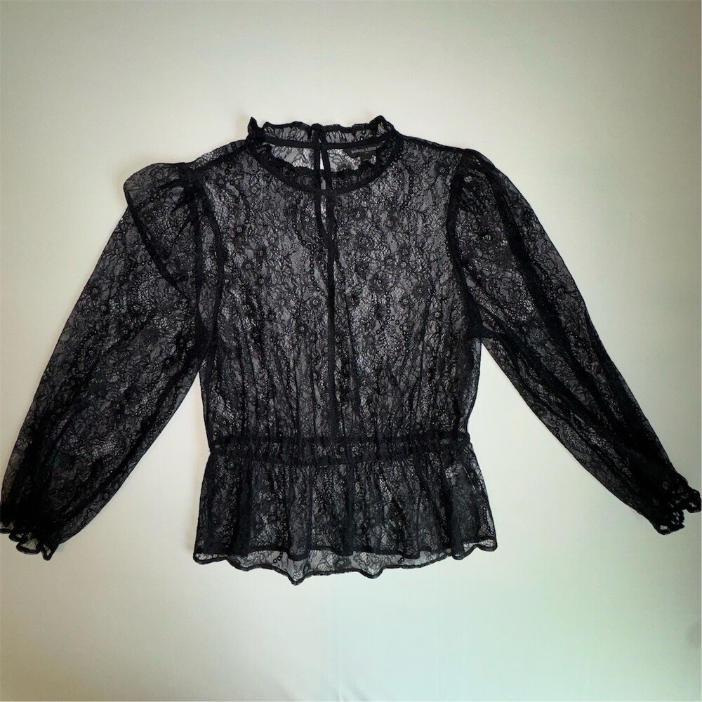 Banana Republic Blouse Womens M Petite Black Sheer Floral Lace High Neck Goth - Picture 6 of 12